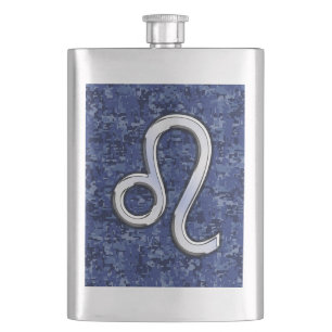 Leo Zodiac Sign auf Navy Blue Digital Camouflage Flachmann