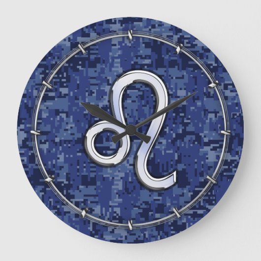 Leo Zodiac Sign auf Navy Blue Digital Camouflage Große Wanduhr (Vorderseite)