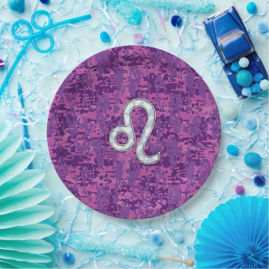 Leo Zodiac Sign auf Pink Fuchsia Digital Camouflag Pappteller (Party)