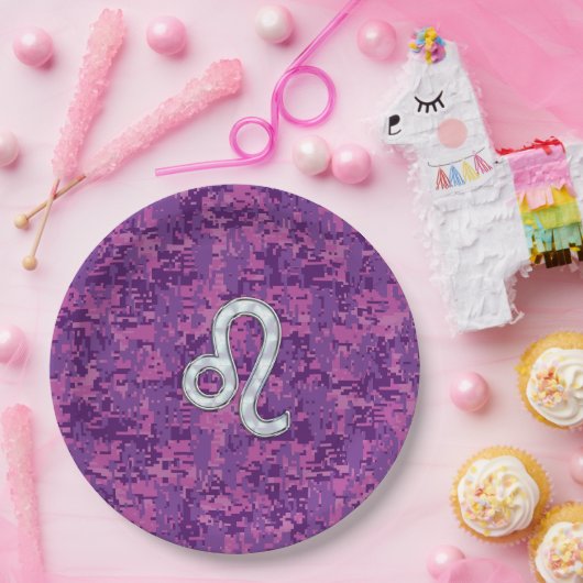 Leo Zodiac Sign auf Pink Fuchsia Digital Camouflag Pappteller (Party)