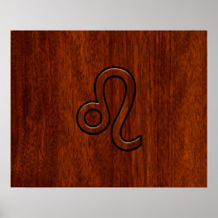 Leo Zodiac Sign in Mahogany wood style Poster