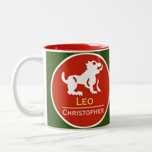 Leo Zodiac Star Sign mit dem Namen des Eigentümers Zweifarbige Tasse (Links)