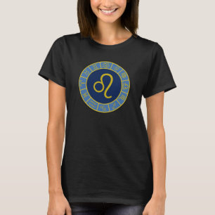 Leo Zodiac Wheel+Astrologie Symbole Gold+Blues T-Shirt