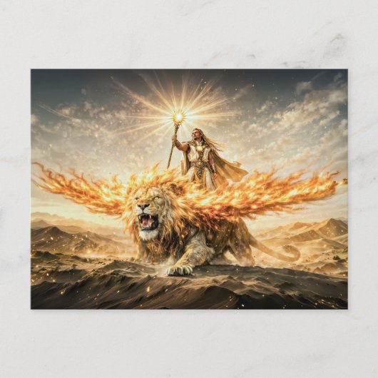 Leo Zodiac with Warrior Riding a Fiery Winged Lion Postkarte (Vorderseite)