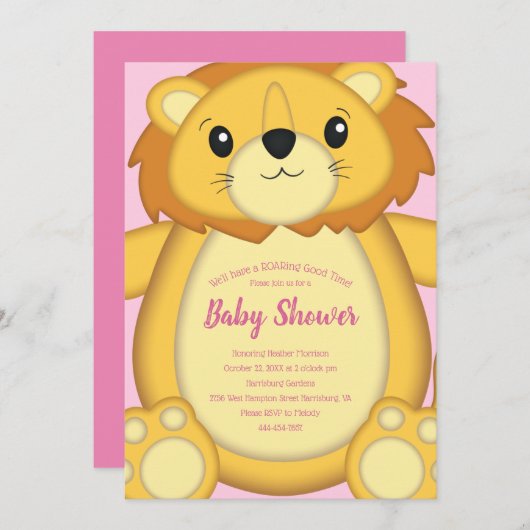 Leon Baby Dusche Pink Einladung (Vorne/Hinten)