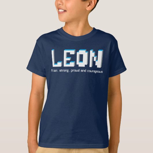 Leon-Jungen Name und Bedeutungspixeltext T-Shirt (Vorderseite)