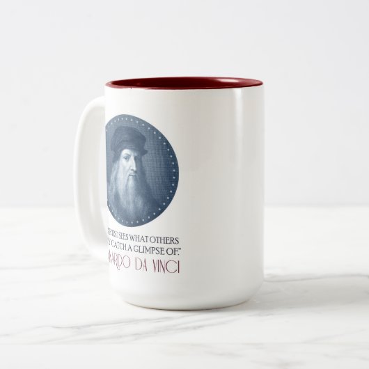 Leonardo da Vinci Portrait mit Zitat Zweifarbige Tasse (Vorderseite Links)