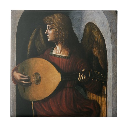 Leonardo da Vinci"s Ein Engel in Rot mit Lute Fliese (Vorderseite)