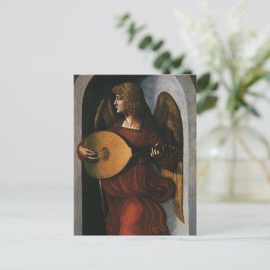 Leonardo da Vinci"s Ein Engel in Rot mit Lute Postkarte (Stehend Vorderseite)