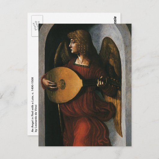 Leonardo da Vinci"s Ein Engel in Rot mit Lute Postkarte (Vorne/Hinten)