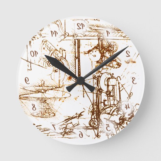 Leonardo Da Vinci Skizzen mit umgekehrten Zahlen Runde Wanduhr (Vorderseite)