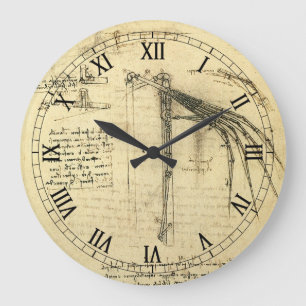 Leonardo da Vincis Flügel auf der Skizze der Flugm Große Wanduhr