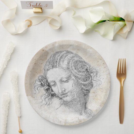 Leonardo DaVinci Sketch Leda Parchment Elegant Art Pappteller (Hochzeit)