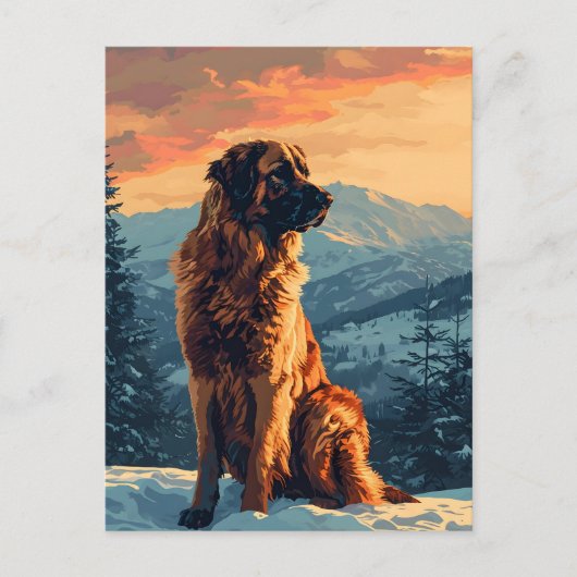 Leonberger Hund im Schneewald bei Sonnenuntergang Postkarte (Vorderseite)