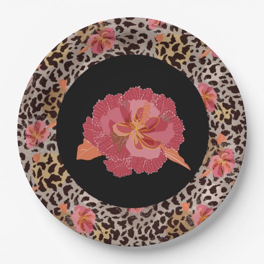 Leopard Animal Print and Pink Blume auf Black Pappteller (Vorderseite)