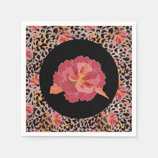 Leopard Animal Print and Pink Blume auf Black Serviette (Vorderseite)