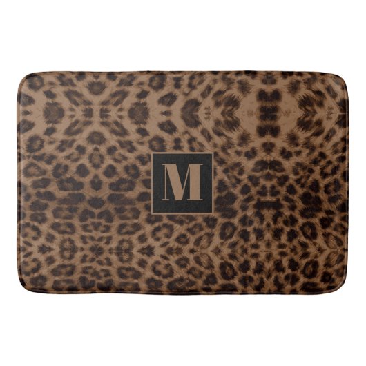Leopard Animal Print Brown Black Chic Monogramm Badematte (Vorderseite)