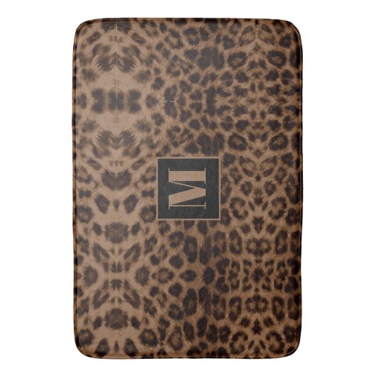 Leopard Animal Print Brown Black Chic Monogramm Badematte (Vorderseite Vertikal)