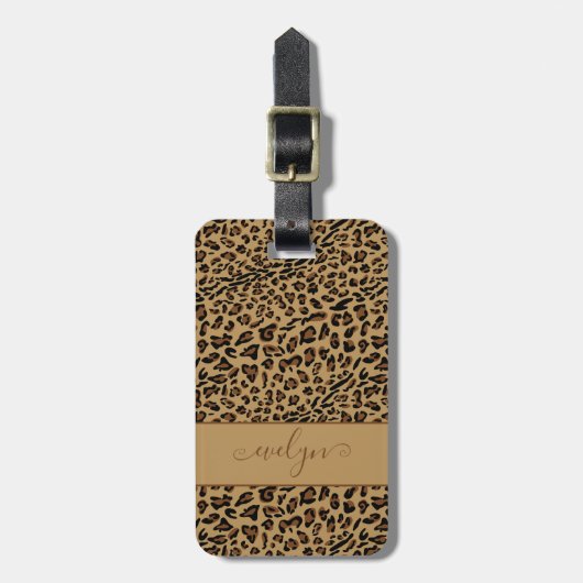 Leopard Animal Print Brown Elegant Script Name Gepäckanhänger (Vorderseite vertikal)
