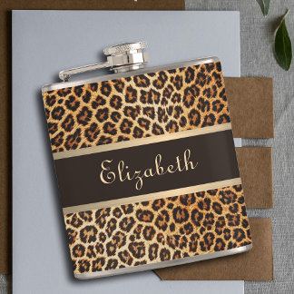 Leopard Animal Print Brown & Gold Strip Glamour Flachmann