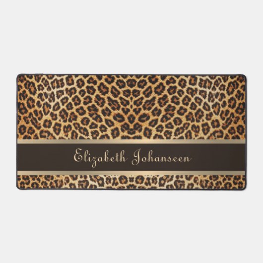 Leopard Animal Print Brown & Gold Strip Glamour Schreibtischunterlage (Vorderseite)