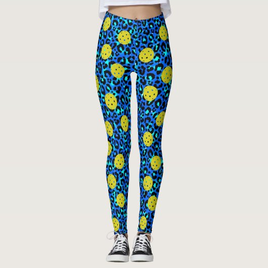 Leopard Animal Print Fun Blue Yellow Pickleball Leggings (Vorderseite)