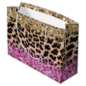 Leopard Animal Print Gold Pink Glitzy Glitzer Große Geschenktüte (Rückseite Schrägansicht)