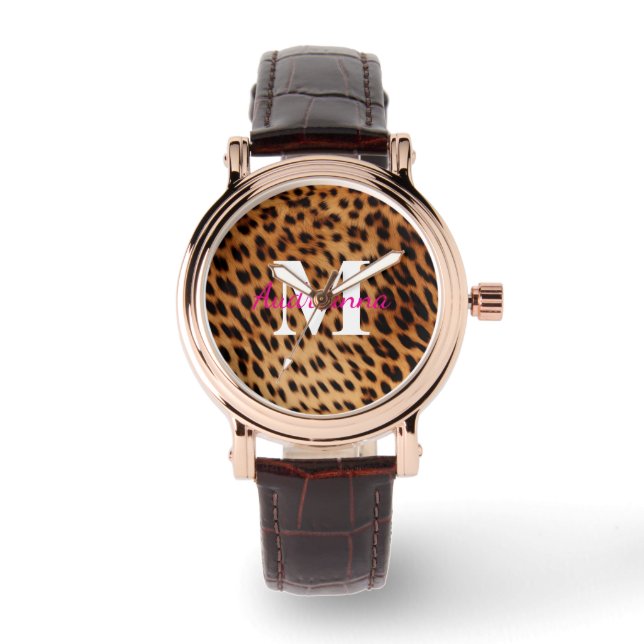Leopard Animal Print Monogram Armbanduhr (Vorderseite)