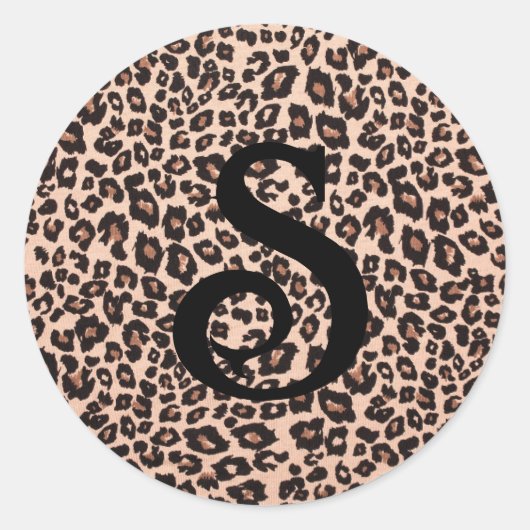 Leopard Animal Print Monogram Round Aufkleber (Vorderseite)