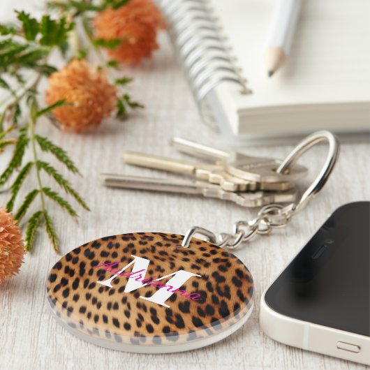 Leopard Animal Print Monogram Schlüsselanhänger (Vorderseite rechts)