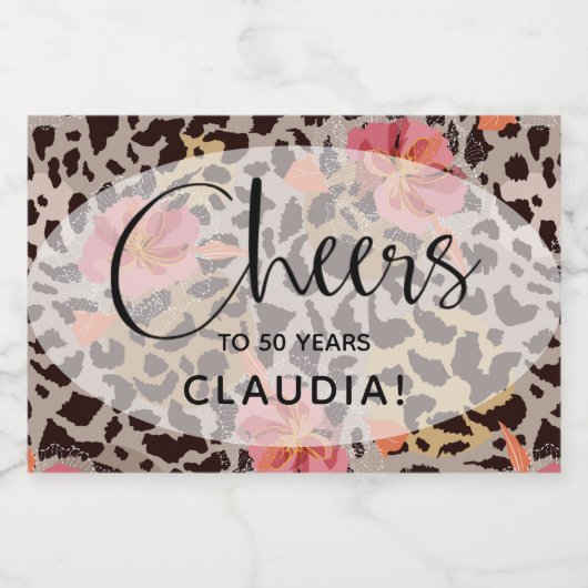 Leopard Animal Print Tropical Pink Floral Mini Schaumweinetikett (Einzelnes Label)