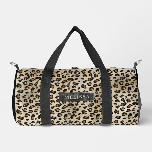 Leopard Animal Print With Black Faux Foil And Name Duffle Bag (Vorderseite)