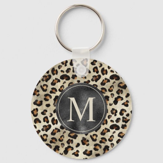 Leopard Animal Print With Black Faux Foil Monogram Schlüsselanhänger (Vorderseite)
