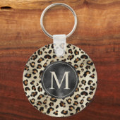 Leopard Animal Print With Black Faux Foil Monogram Schlüsselanhänger (Vorderseite)