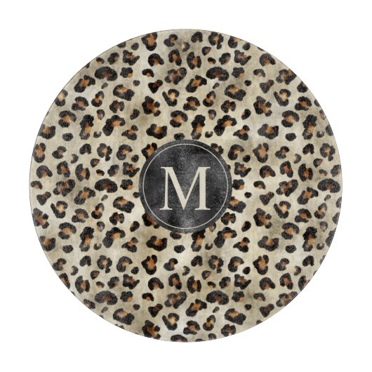 Leopard Animal Print With Black Faux Foil Monogram Schneidebrett (Vorderseite)