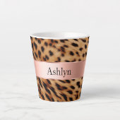 Leopard Animal Rose Rosa Ribbon Name Milchtasse (Vorderseite)