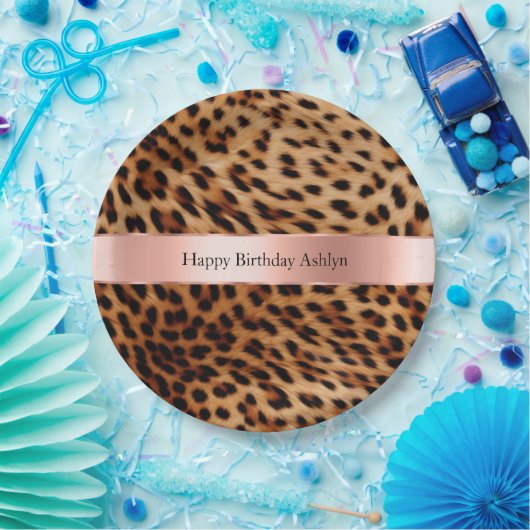 Leopard Animal Rose Rosa Ribbon Name Pappteller (Party)