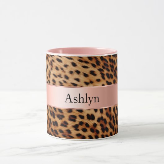 Leopard Animal Rose Rosa Ribbon Name Tasse (Zentrum)
