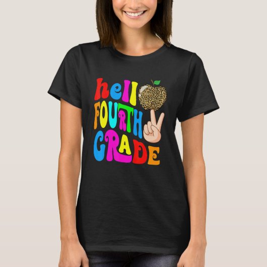 Leopard Apple Hello 4th Grade Teacher Kids Back To T-Shirt (Vorderseite)