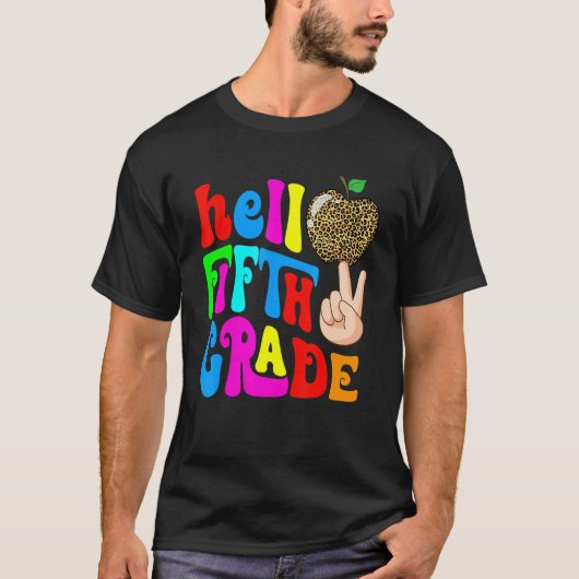 Leopard Apple Hello 5th Grade Teacher Kids Back To T-Shirt (Vorderseite)