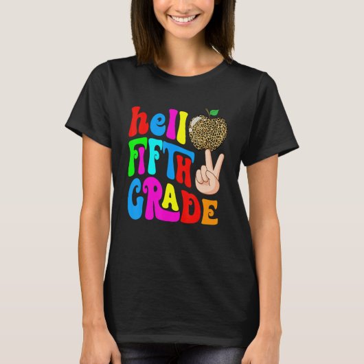 Leopard Apple Hello 5th Grade Teacher Kids Back To T-Shirt (Vorderseite)