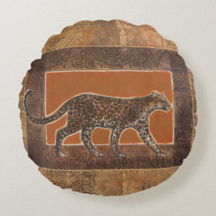 Leopard auf Orange und Brown-Hintergrund Rundes Kissen