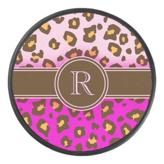 Leopard-Aufdruck rosa braun Monogramm Eishockey Puck (Vorderseite)