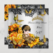 Leopard Baby Shower Girl Butterfly Yellow Grau Einladung (Vorne/Hinten)