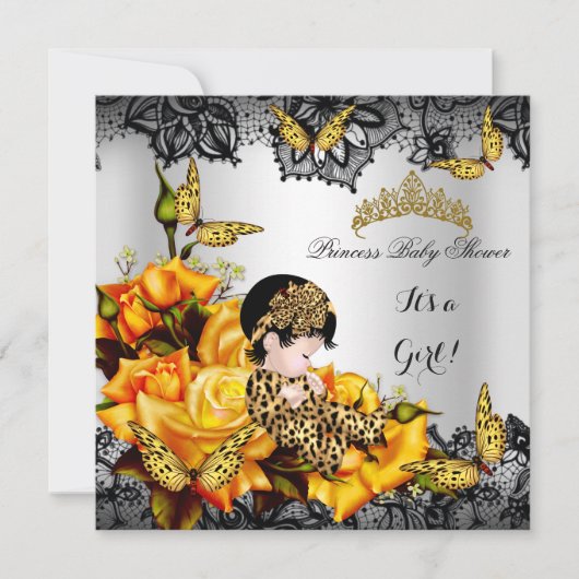 Leopard Baby Shower Girl Butterfly Yellow Grau Einladung (Vorderseite)