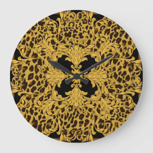 Leopard Barock, Ornamentales Tiermuster Große Wanduhr