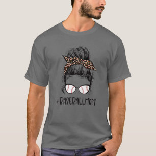 Leopard Baseball Mama Messy Bun Game Day Mthers Da T-Shirt