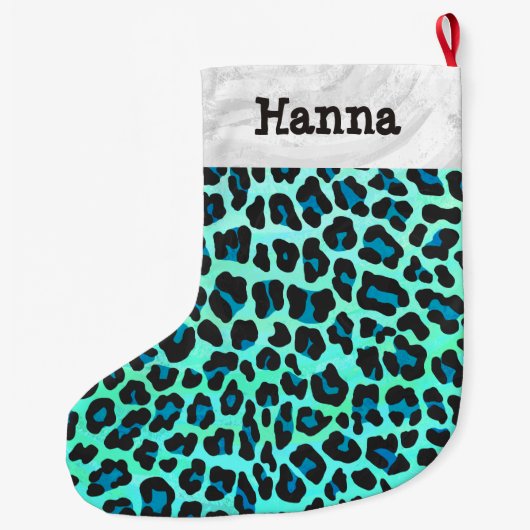 Leopard Black und Aquamarin Großer Weihnachtsstrumpf (Rückseite)