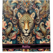 Leopard Bliss: Erholung unter tropischen Vögeln Duschvorhang (Vorderseite)