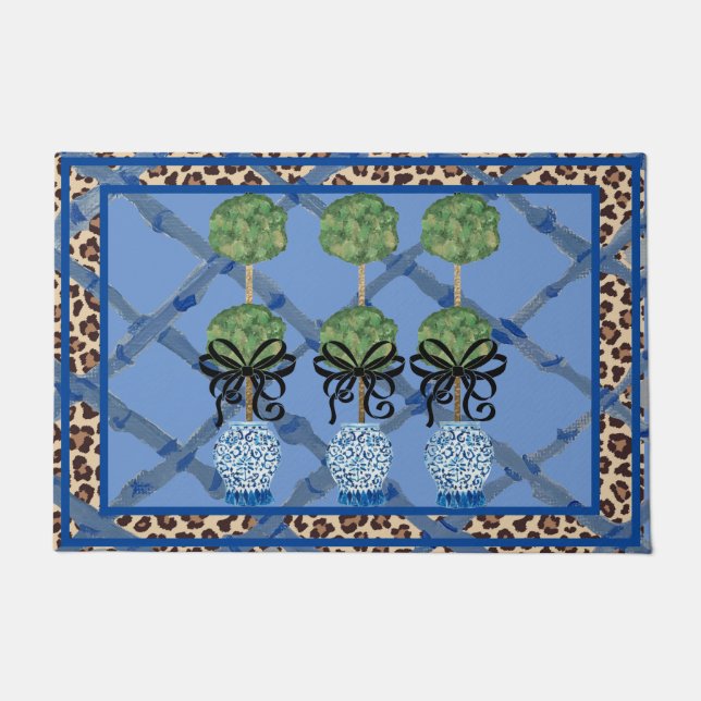 Leopard Blue Bamboo Chinoiserie Ginger Jar Doormat Fußmatte (Vorderseite)